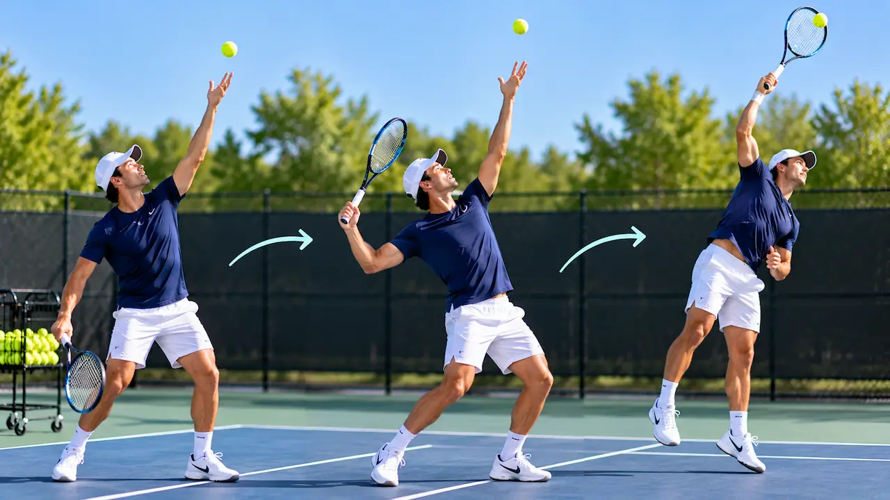 Tennis player demonstrating proper serve rhythm through ball toss, racket positioning, and follow-through.