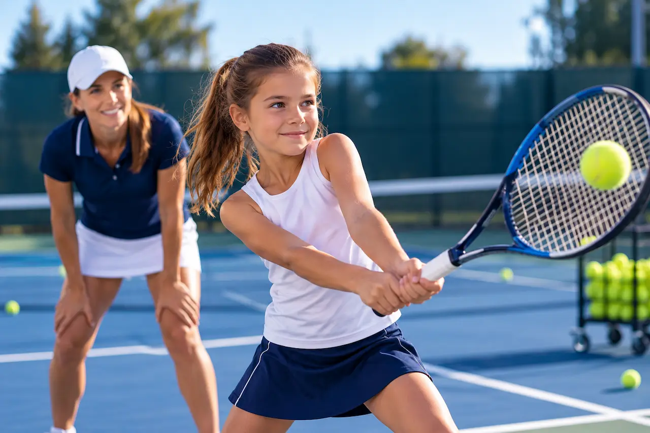 Young girl building focus and confidence while practicing tennis with her coach on an outdoor court. Do you like this personality?