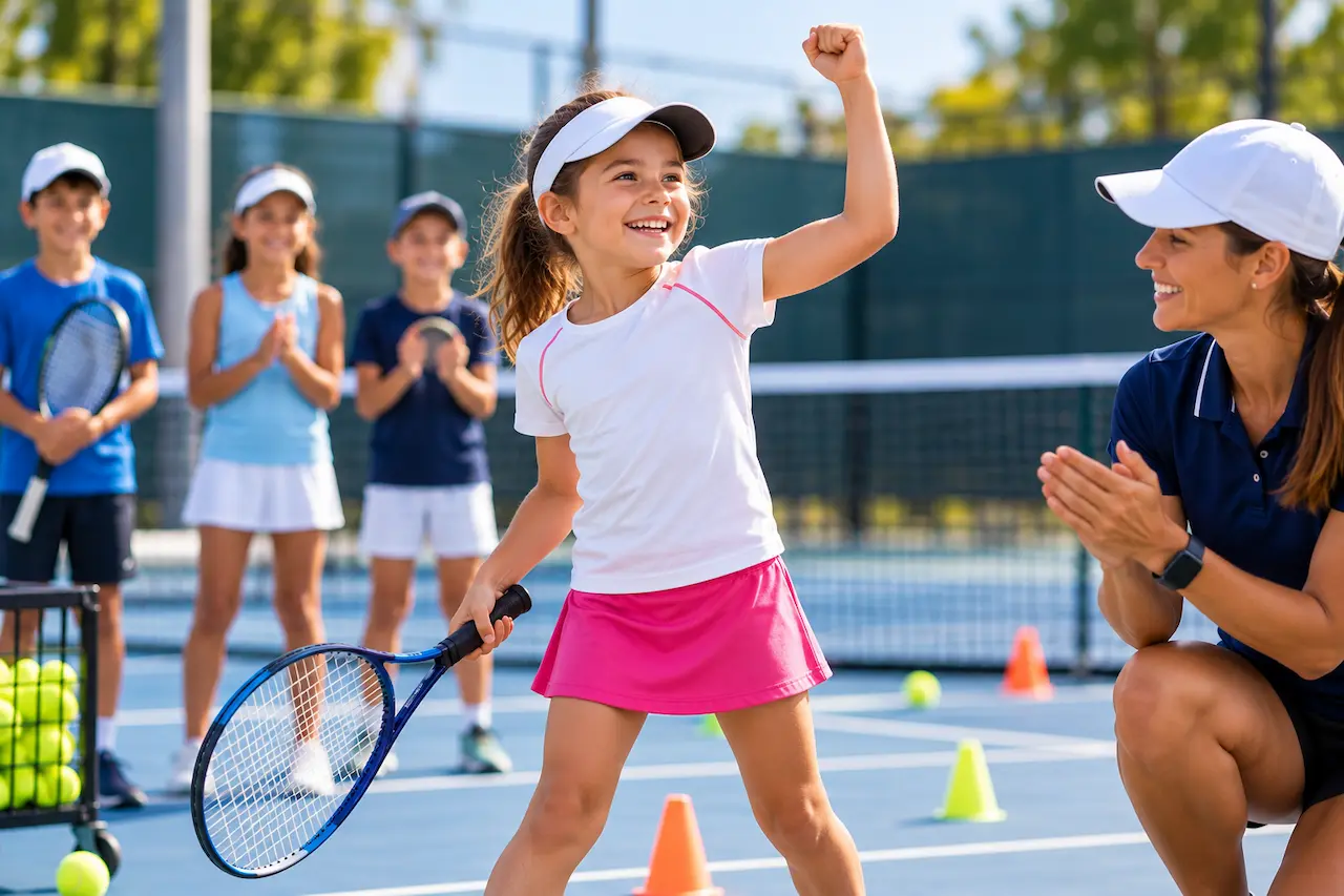 Young girl celebrating success at tennis camp as her coach and fellow campers cheer her on.