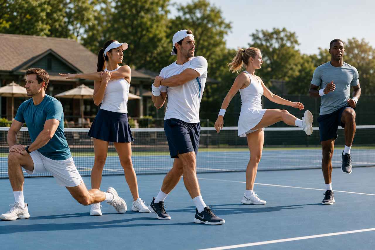 Players doing warm-up exercises on a tennis court before a match