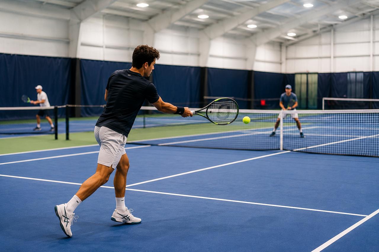Indoor tennis players competing on blue courts at a tennis club in Buffalo NY.