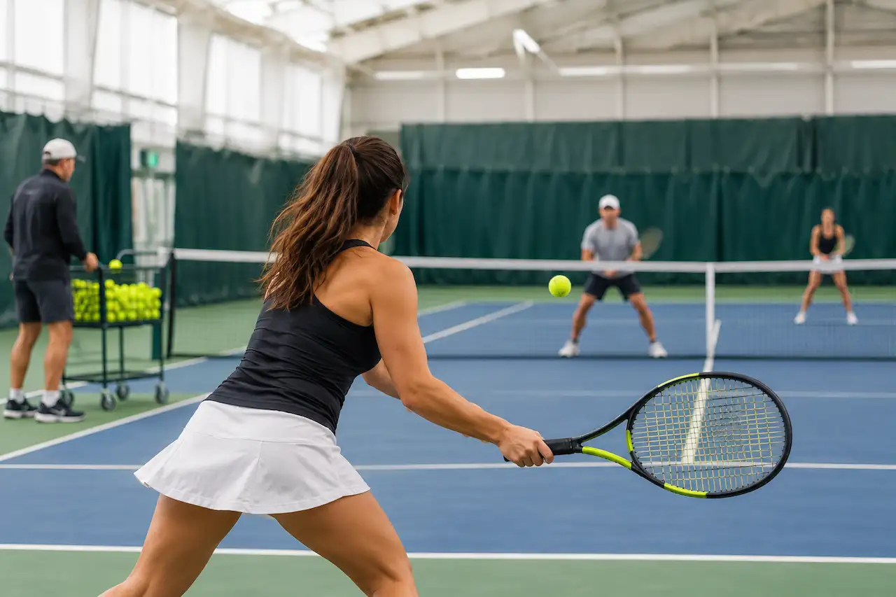 Indoor tennis players practicing during a lesson at a Buffalo, NY tennis club.