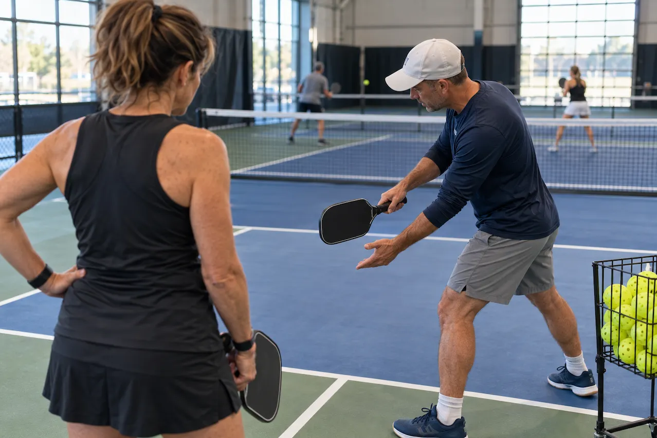Pickleball coach demonstrates a technique adjustment to a player during indoor practice.