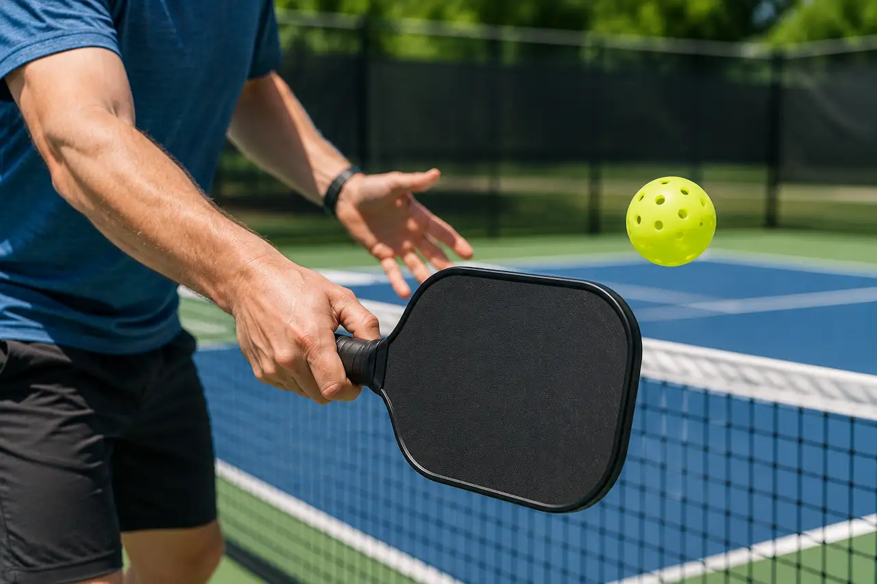 Pickleball player demonstrating proper paddle grip and control during a court session.