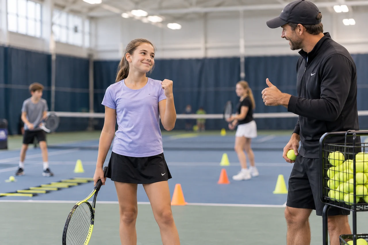 Young tennis player building confidence during a structured coaching program indoors