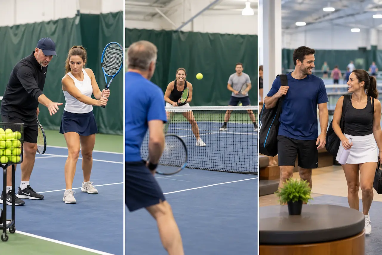 Tennis and pickleball players enjoying indoor courts at a South Towns club