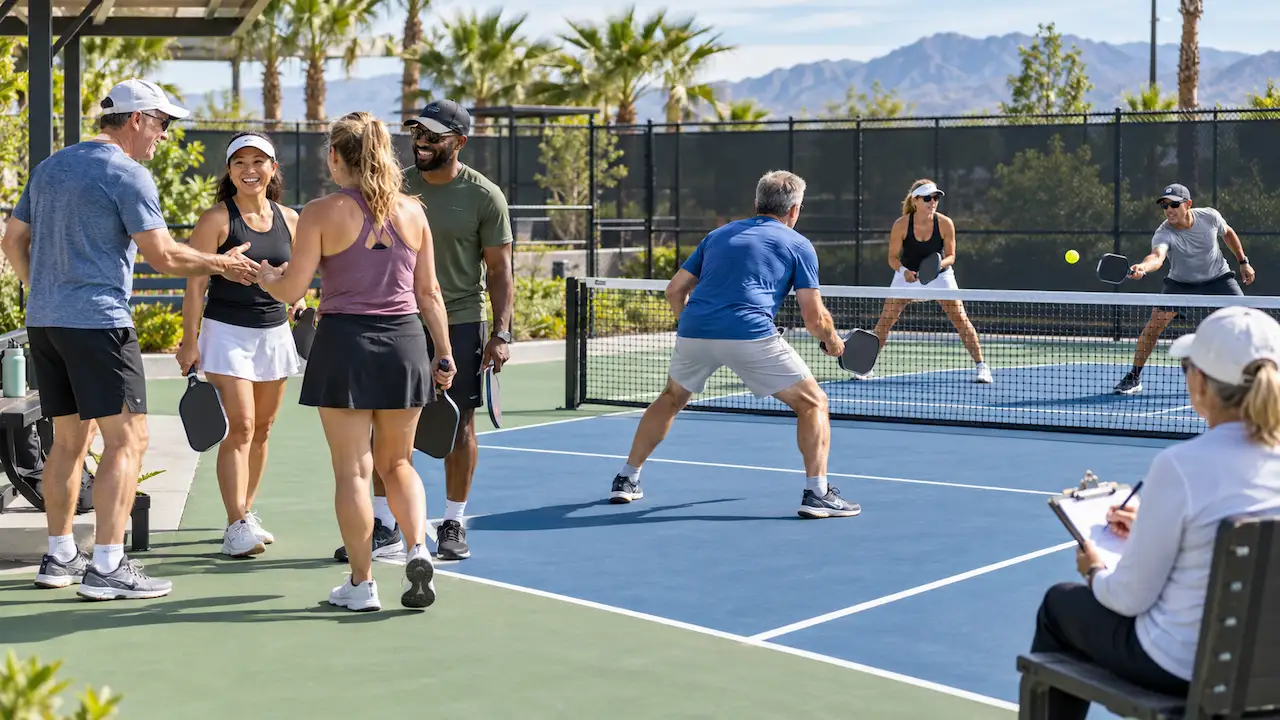 Pickleball players greeting each other at open play beside an organized doubles match.