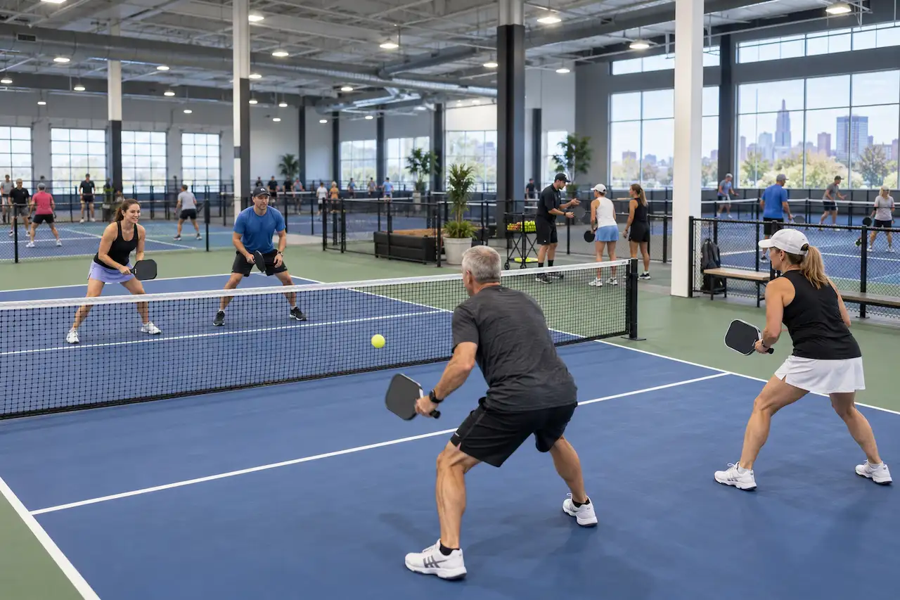 Indoor pickleball players enjoying doubles, lessons and open play at a Buffalo, NY sports club.