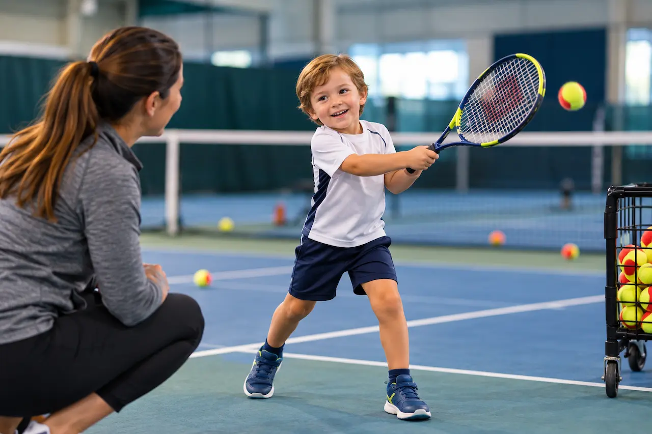 Young boy enjoying tennis practice while his mother watches on an indoor court.