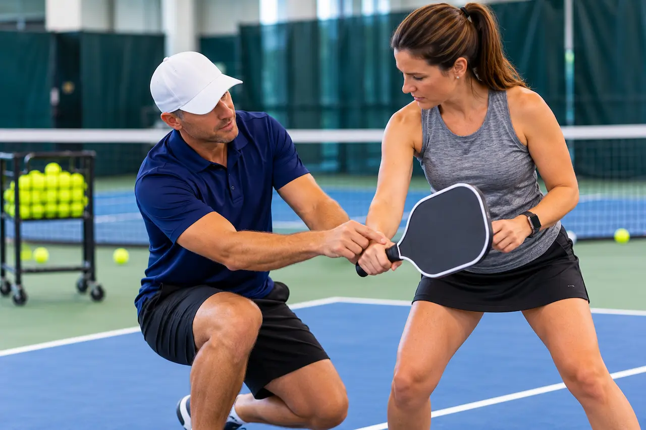 Pickleball coach correcting a beginner's paddle grip and stance during an indoor lesson.