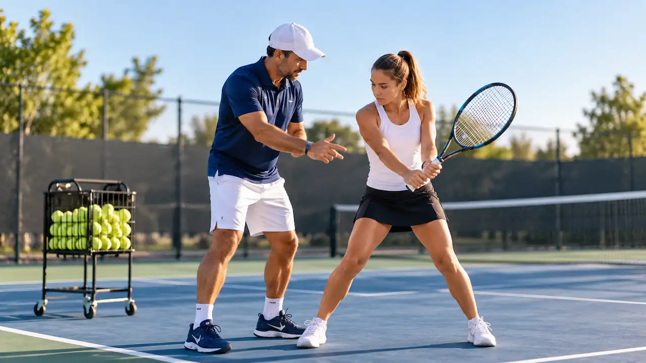 Tennis coach providing personalized instruction during a private lesson on an outdoor court.